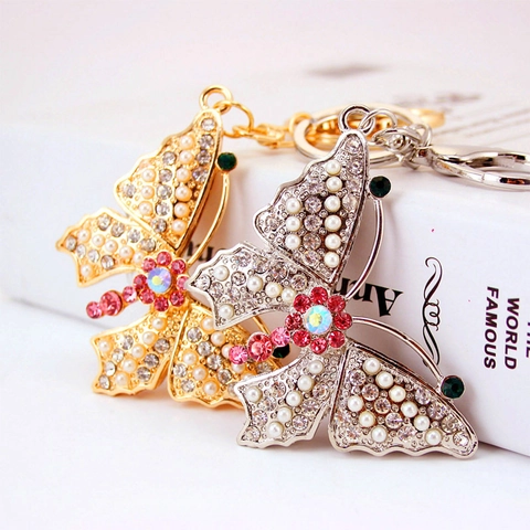 Elegant Zinc Alloy Butterfly Keychain With Artificial Pearl Rhinestone Inlaid Sparkly Insect Bag Charm Pendant For Women