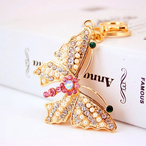Elegant Zinc Alloy Butterfly Keychain With Artificial Pearl Rhinestone Inlaid Sparkly Insect Bag Charm Pendant For Women