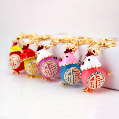 Süßer Cartoon Hahn Schlüsselanhänger Zinklegierung Emailliert Strass Segenszeichen Tasche Anhänger Schlüsselring Schmuck Geschenk Für Damen