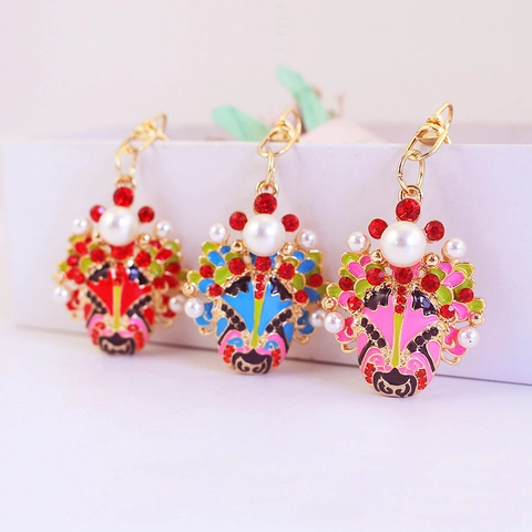 Porte-clés de Style Chinois Masque d'Opéra de Pékin Avec Strass et Perle Artificielle Alliage de Zinc Émail Pendentif de Sac Cadeau