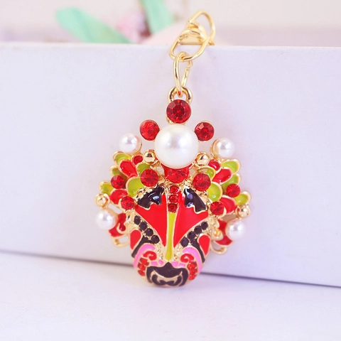 Porte-clés de Style Chinois Masque d'Opéra de Pékin Avec Strass et Perle Artificielle Alliage de Zinc Émail Pendentif de Sac Cadeau