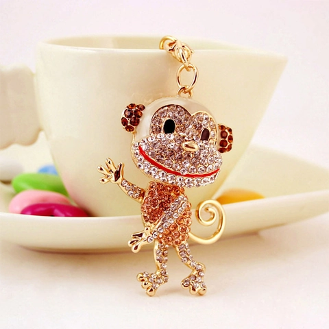 Cute Rhinestone Monkey Keychain Zinc Alloy Zodiac Animal Pendant Gold Keyring Bag Charm Accessory For Women Girls Gift
