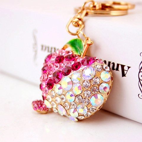 Schattige Legering Strass Appel Sleutelhanger Tas Hanger Fonkelende Vrucht Voor Dames Handtas Auto Sleutelring Sieraden Cadeau