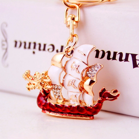 Vintage Chinese Style Dragon Boat Keychain Zinc Alloy Enamel Rhinestone Metal Key Ring Bag Charm Pendant Decorative Gift