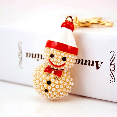 Simpatico Portachiavi a Forma di Pupazzo di Neve di Natale in Lega di Zinco con Künstliche Perle Sintetiche Cappello Rosso Smaltato Oro Strass