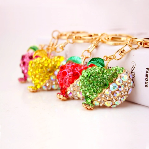 Legierung Strass Apfel Schlüsselanhänger Mit Emaille Blatt Funkelnder Frucht Taschenanhänger Für Damen Auto Schlüsselring Schmuck Geschenk