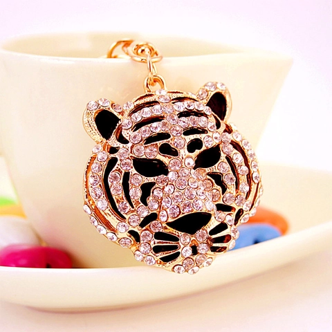 Portachiavi con Testa di Tigre Animale dello Zodiaco in Strass per Uomo e Donna in Lega d'Oro Intarsiato di Cristalli Ciondolo per Borsa