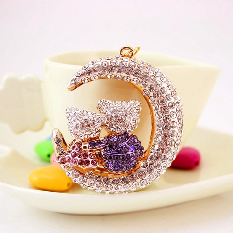 Strass Mond Umarmende Bären Schlüsselanhänger Legierung Funkelnder Mond Bär Anhänger Für Damen Taschen Deko Zubehör Paar Geschenk