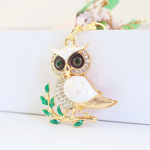 Uil Sleutelhanger Strass Emaille Zinklegering Metaal Dier Tas Hanger Auto Sleutelring Voor Vrouwen Sieraden Cadeau Goud Wit Groen
