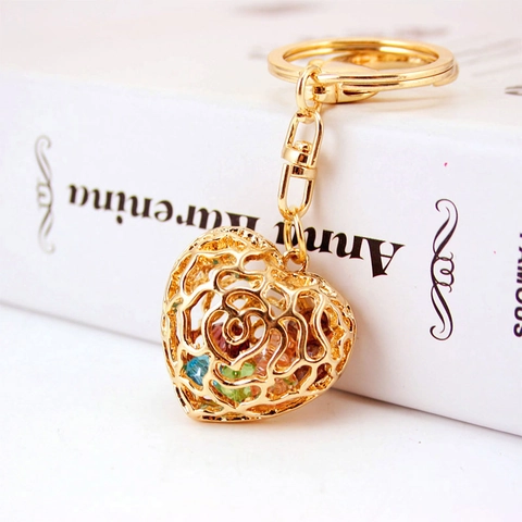 Hollow Rose Heart Keychain With Multicolored Rhinestones Gold Plated Alloy Bag Charm Pendant For Women Girls Gift Accessory