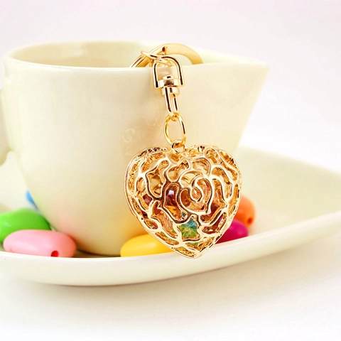 Hollow Rose Heart Keychain With Multicolored Rhinestones Gold Plated Alloy Bag Charm Pendant For Women Girls Gift Accessory