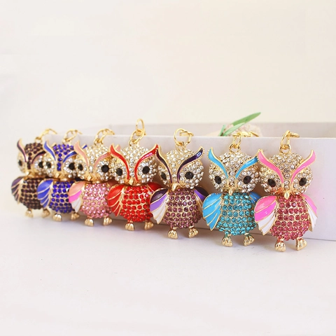 Schattige Uil Strass Sleutelhanger Zinklegering Geschilderde Metalen Uil Hanger Voor Vrouwen Tas Accessoires Creatief Cadeau Sleutelhanger