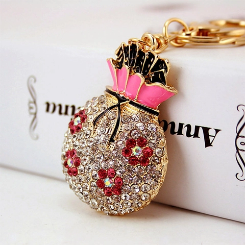 Llavero de Bolsa de Suerte de Aleación de Zinc con Diamantes de Imitación y Esmalte de Flor Colgante de Bolso Joyería Mujer Regalo