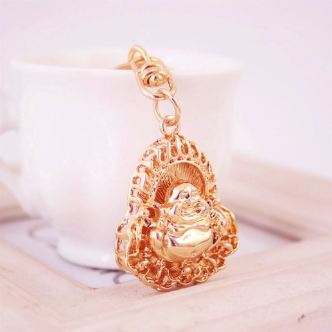 Portachiavi con Buddha Maitreya Cinese Portafortuna in Lega Strass Placcato Oro Pendente per Borsa Auto Decorativo Buddha