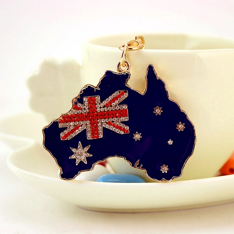 Australia Map Keychain Rhinestone Enamel Australia Flag Metal Keyring Zinc Alloy Gold Plated Travel Souvenir Gift For Men Women