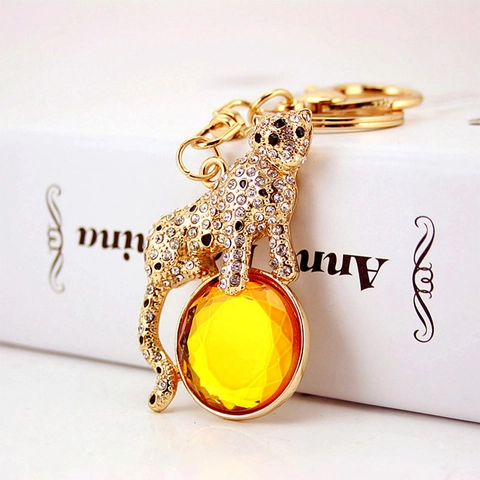 Portachiavi con Leopardo in Strass di Lusso Lega di Metallo Animale Anello Chiave Con Grande Ciondolo in Cristallo per Borsa Regalo