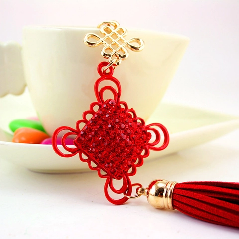 Portachiavi con Nodo Cinese Tradizionale Pendente a Nappina in Strass Rosso Lega Placcata Oro Decorazione Sospesa per Auto