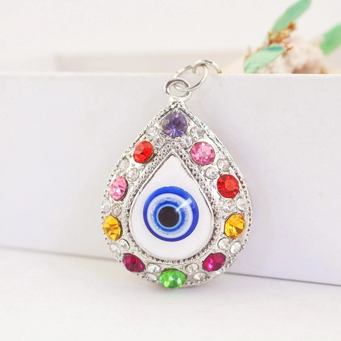 Water Drop Evil Eye Keychain Zinc Alloy Colorful Rhinestone Bag Charm Pendant For Women Ethnic Style Gift Jewelry Accessory Handbag Decor