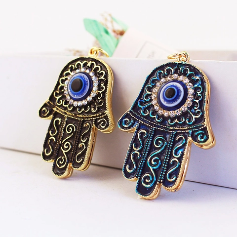 Hamsa Hand Boze Oog Sleutelhanger Vrouwen Mannen Zinklegering Emaille Strass Palm Hanger Auto Tas Charme Etnisch Accessoire
