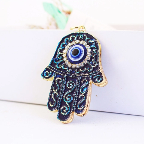 Hamsa Hand Boze Oog Sleutelhanger Vrouwen Mannen Zinklegering Emaille Strass Palm Hanger Auto Tas Charme Etnisch Accessoire