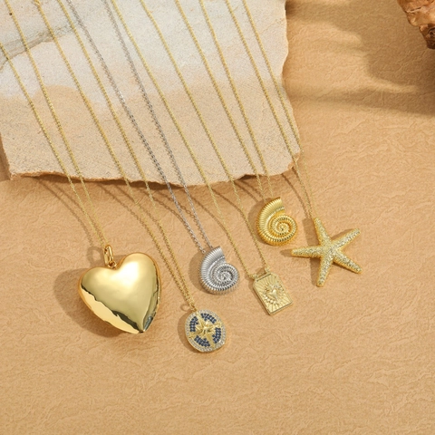 14K Vergulde Koperen Halsketting Retro Gepolijst Hart Grote Zeester Kompas Schelp Hanger Halsketting Strand Vakantie Sieraden Vrouwen