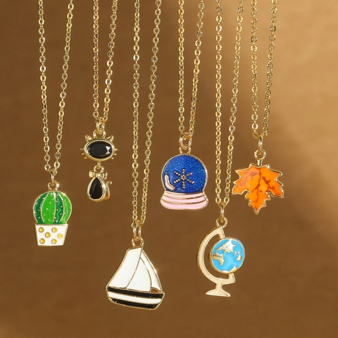 Vintage Minimalist Copper Pendant Necklace For Women Retro Enamel Globe Maple Leaf Cactus Sailboat Cat Zirconia Gold Jewelry