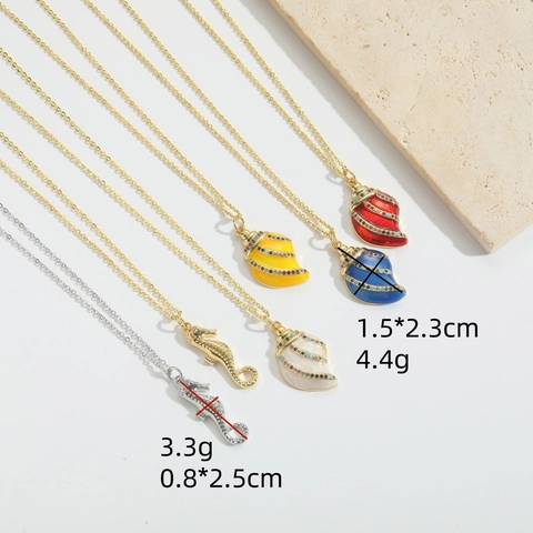 Exquisite Copper Zirconia Seahorse Sea Snail Pendant Necklace Ocean Style Enamel Conch Drip Oil Jewelry For Women Clavicle Chain