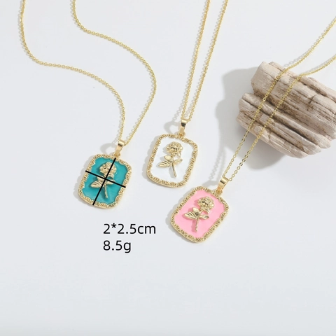 14K Gold Plated Copper Rose Pendant Necklace Retro Colorful Drip Oil Rectangular Enamel Floral Jewelry With Zirconia For Women