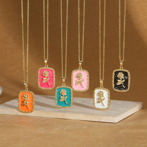 14K Gold Plated Copper Rose Pendant Necklace Retro Colorful Drip Oil Rectangular Enamel Floral Jewelry With Zirconia For Women