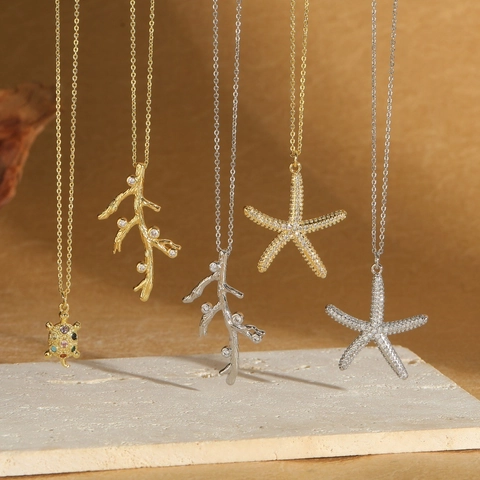Collana Con Pendente in Rame e Zirconia Tema Oceano Donna Forma di Stella Marina Tartaruga Ramo di Corallo Oro Argento Gioielli