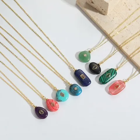 Collier Pendentif en Cuivre Pierre Naturelle et Zirconia Minimaliste Géométrique Rond Carré Plaqué Or Bijoux de Mode Pour Femmes