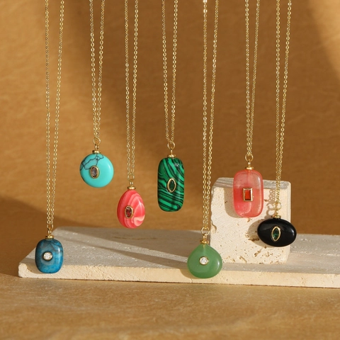 Collier Pendentif en Cuivre Pierre Naturelle et Zirconia Minimaliste Géométrique Rond Carré Plaqué Or Bijoux de Mode Pour Femmes