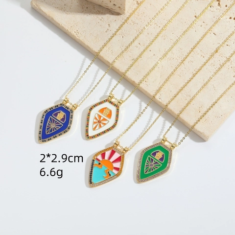 Vintage Gold Plated Copper Enamel Hamsa Hand Shield Pendant Necklace With Zirconia For Women Bohemian Ethnic Jewelry