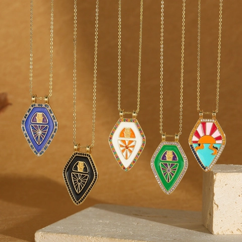 Vintage Gold Plated Copper Enamel Hamsa Hand Shield Pendant Necklace With Zirconia For Women Bohemian Ethnic Jewelry