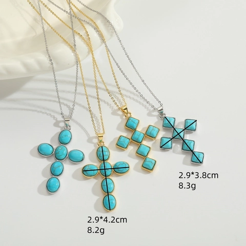 Vintage Türkis Kreuz Anhänger Halskette Gold Silber Plattiert Kupferkette Eleganter Schmuck Für Damen Mode Accessoires