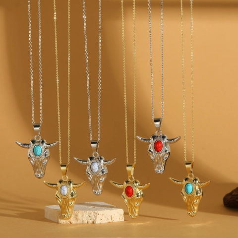 Bohemian Bull Head Pendant Necklace Copper Resin Retro Western Style Gold Silver Plated Cow Head Jewelry For Women Necklace