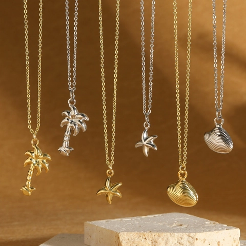 Vintage Kupfer Seestern Muschel Kokospalme Anhänger Halskette Für Damen Sommer Urlaub Strand Schmuck Gold Silber