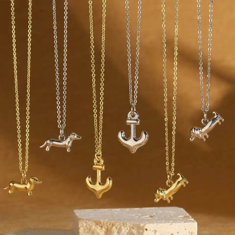 Vintage Minimalistische Kupfer Dackel Hund Anker Anhänger Halskette Für Damen Gold Silber Vergoldet Täglich Mode Schmuck