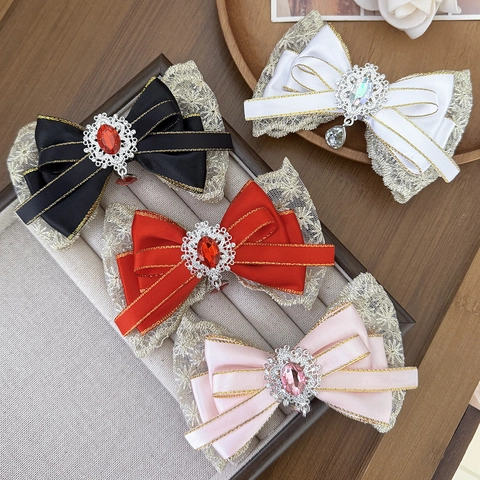 Fermaglio per Capelli Fiocco in Pizzo Stile Palazzo Lolita Vintage Fatto a Mano Nastro Strass Pietra Preziosa Forcina per Capelli