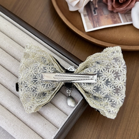 Fermaglio per Capelli Fiocco in Pizzo Stile Palazzo Lolita Vintage Fatto a Mano Nastro Strass Pietra Preziosa Forcina per Capelli