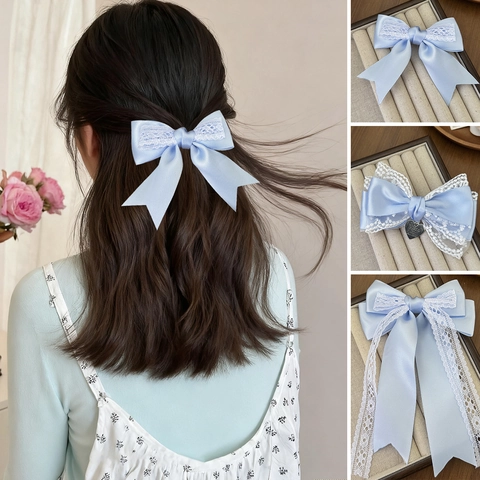 Franse Stijl Crème Blauw Satijn Kant Strik Haarspeld Zoete Lolita Fee Lint Eendenbek Clip Voor Vrouwen Meisjes Haaraccessoires