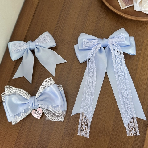 Franse Stijl Crème Blauw Satijn Kant Strik Haarspeld Zoete Lolita Fee Lint Eendenbek Clip Voor Vrouwen Meisjes Haaraccessoires