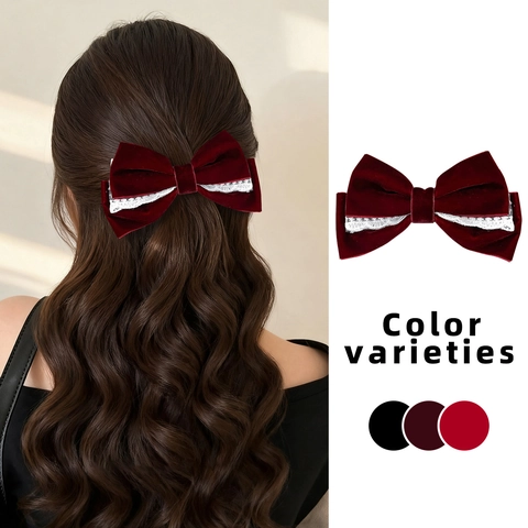Barrette à Cheveux Nœud en Velours et Dentelle Rétro Élégante Style Français Pince Bec de Canard Pour Femme Bordeaux Noir Rouge