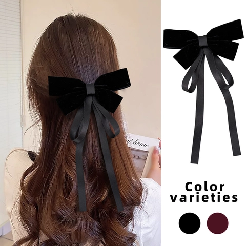Pinza para el Pelo con Lazo de Terciopelo Estilo Hepburn Francés con Cintas Largas Accesorios para el Cabello de Satén
