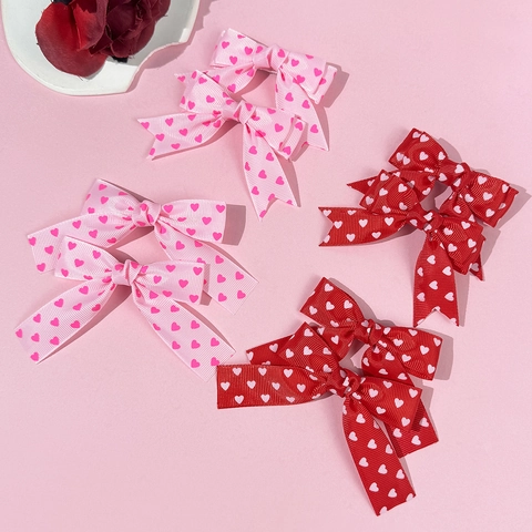Sweet Heart Pattern Bow Hair Clips For Women Girls Valentine's Day Ribbon Handmade Alligator Clips Fresh Style Hair Accessories