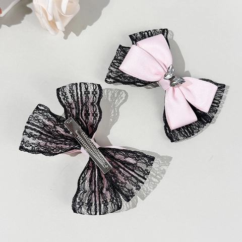 Süße Lolita Schleife Haarklammer Satin Spitze Band Schmetterling Strass Entenschnabel Clip Gothic Damen Haarschmuck