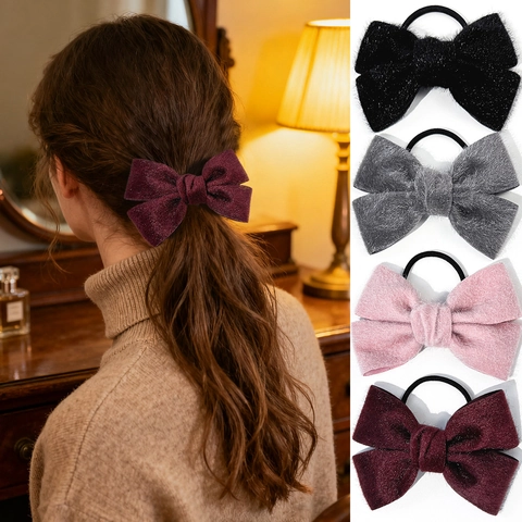 Fashion Plush Bow Hair Tie For Women Autumn Winter Soft Furry Bowknot Elastic Hair Rope Elegant Ponytail Holder Hair Accessory