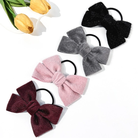 Fashion Plush Bow Hair Tie For Women Autumn Winter Soft Furry Bowknot Elastic Hair Rope Elegant Ponytail Holder Hair Accessory