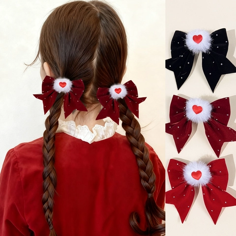Barrettes Nœud en Velours Strass Cœur Pompon Pince à Bec de Canard Doux Accessoires de Cheveux Pour Femmes Filles