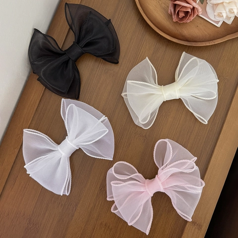 Pinza para el Pelo de Lazo de Organza de Estilo Coreano Dulce Clip de Pico de Pato de Malla Grande Elegantes Accesorios para el Cabello de Princesa para Niñas Mujeres